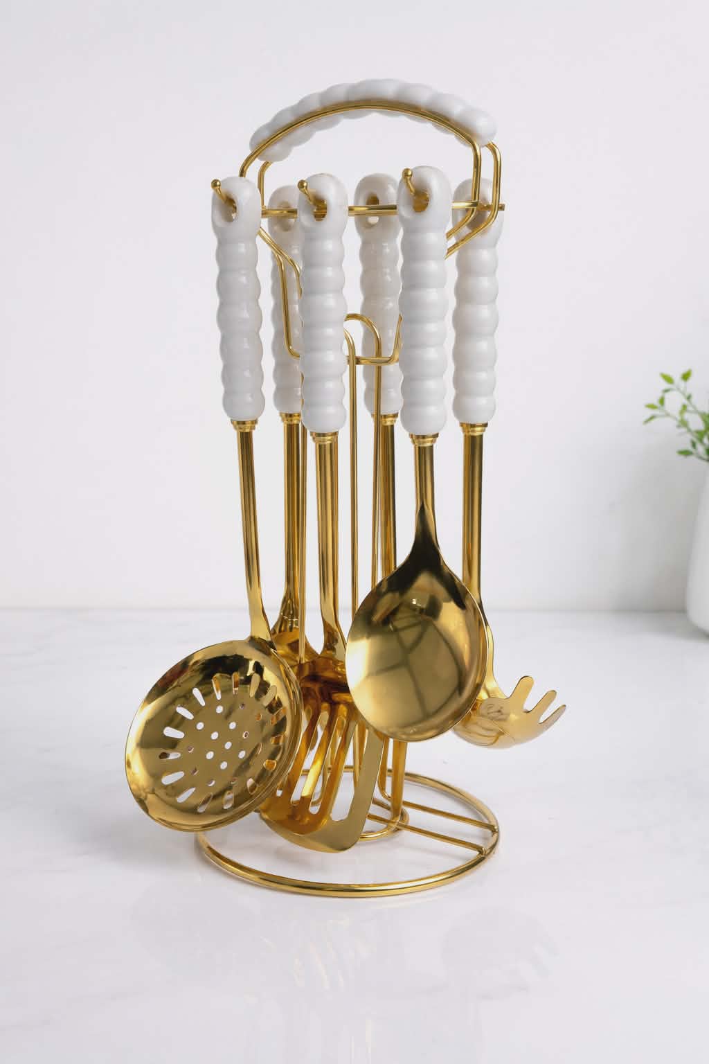 Set d’ustensiles Dore-Blanc de cuisine 6 pièces avec support en acier inoxydable