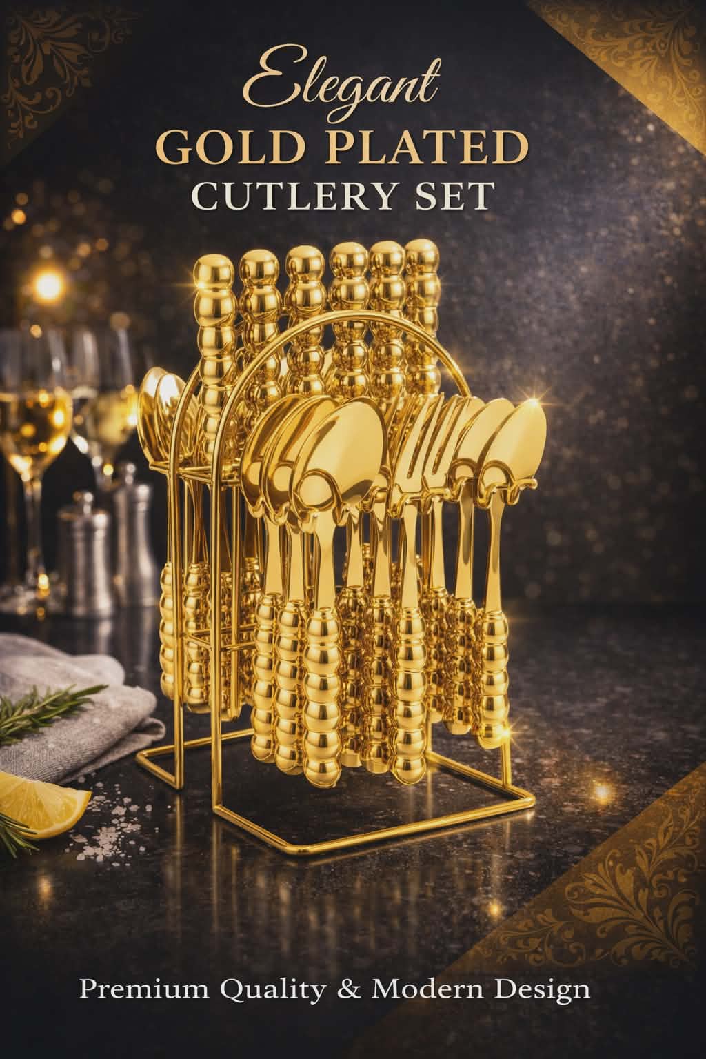 Set de couverts 24 pcs élégant Dore avec support