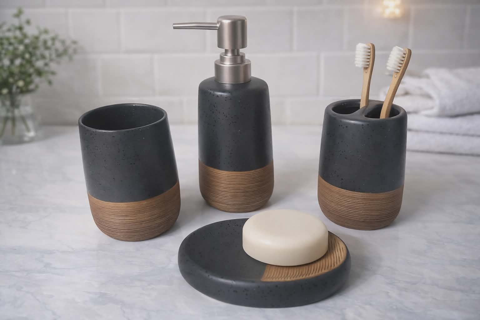 Set d’accessoires Céramique de salle de bain 4 pièces Noir