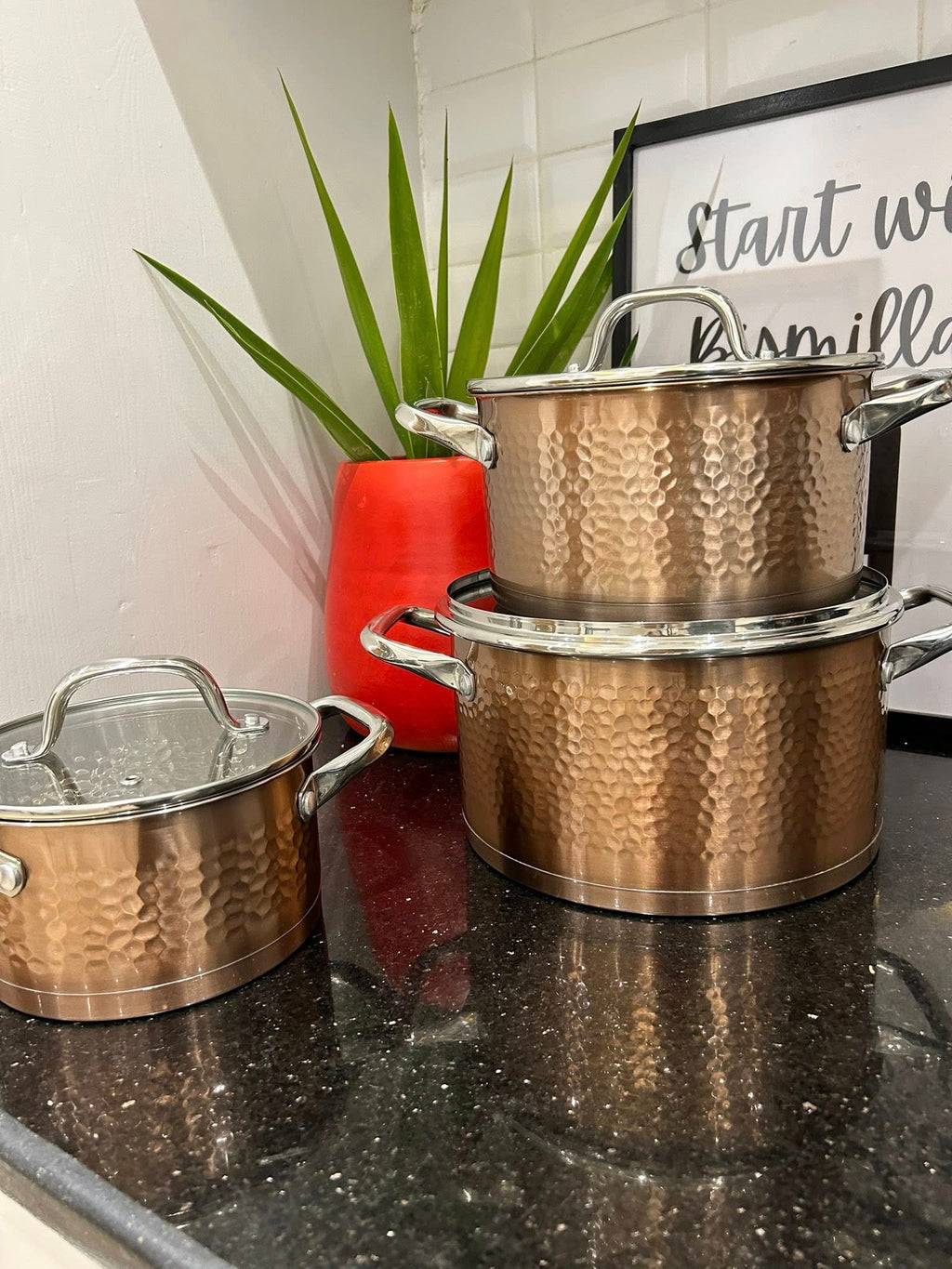 3 Marmites Inox – Effet Martelé Cuivre