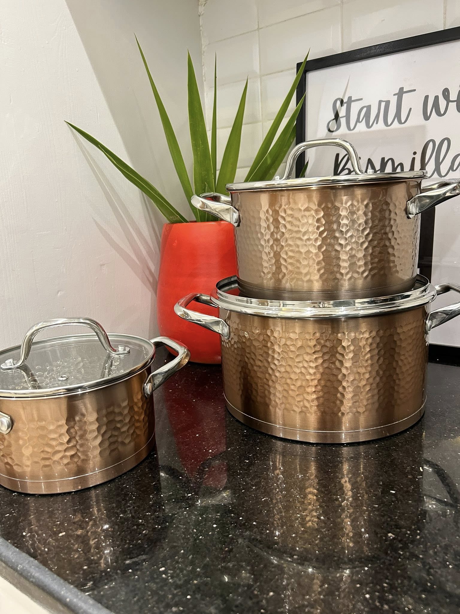 3 Marmites Inox – Effet Martelé Cuivre