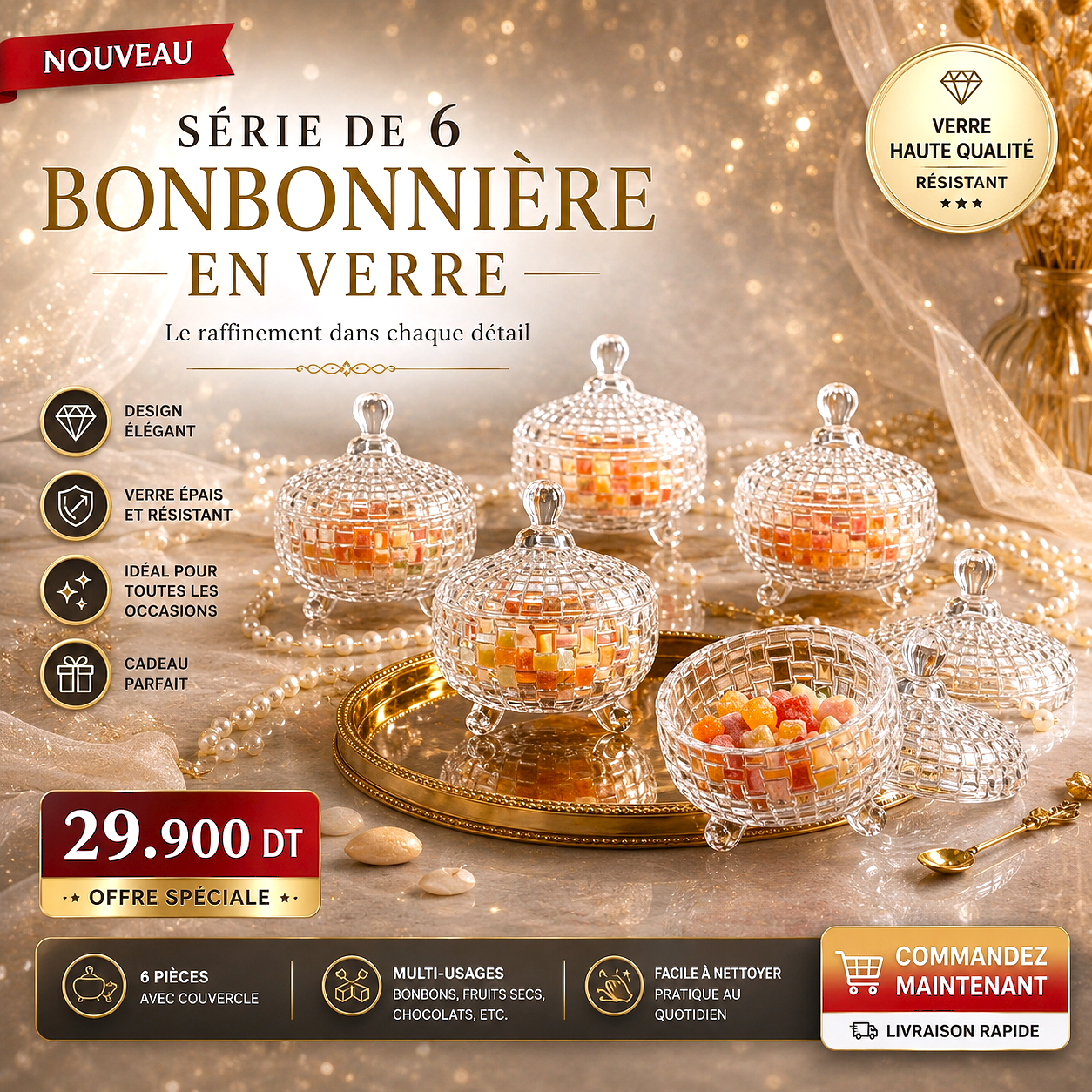 Série de 6 Bonbonnière en verre