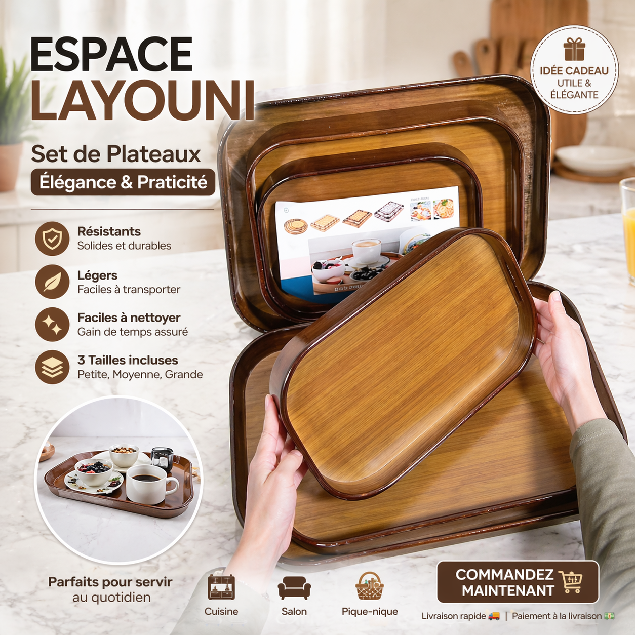 Plateaux de Rangement En Bois 3 Pcs