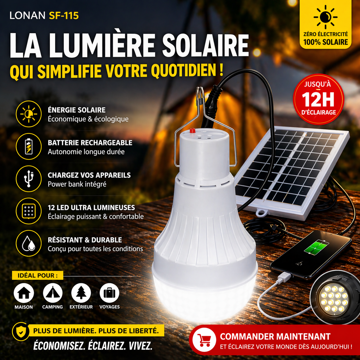 Lampe solaire rechargeable multifonction