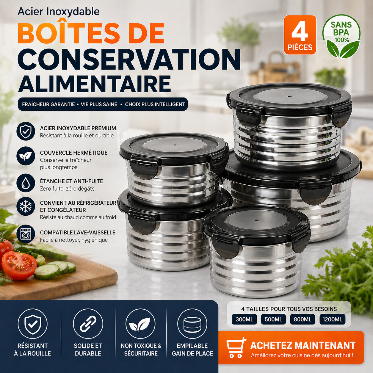 Lot de boîtes alimentaires en acier inoxydable avec couvercle