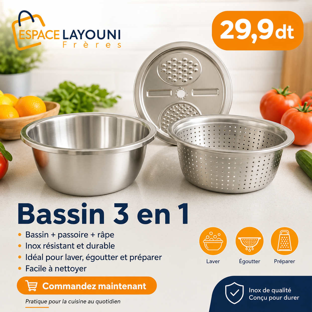Bassin 3 en 1 Inox Multifonction – Passoire + Râpe + Bol