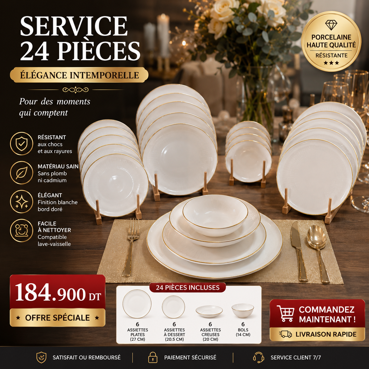 Service 24Pcs en Porcelaine blanc avec Bordure dore