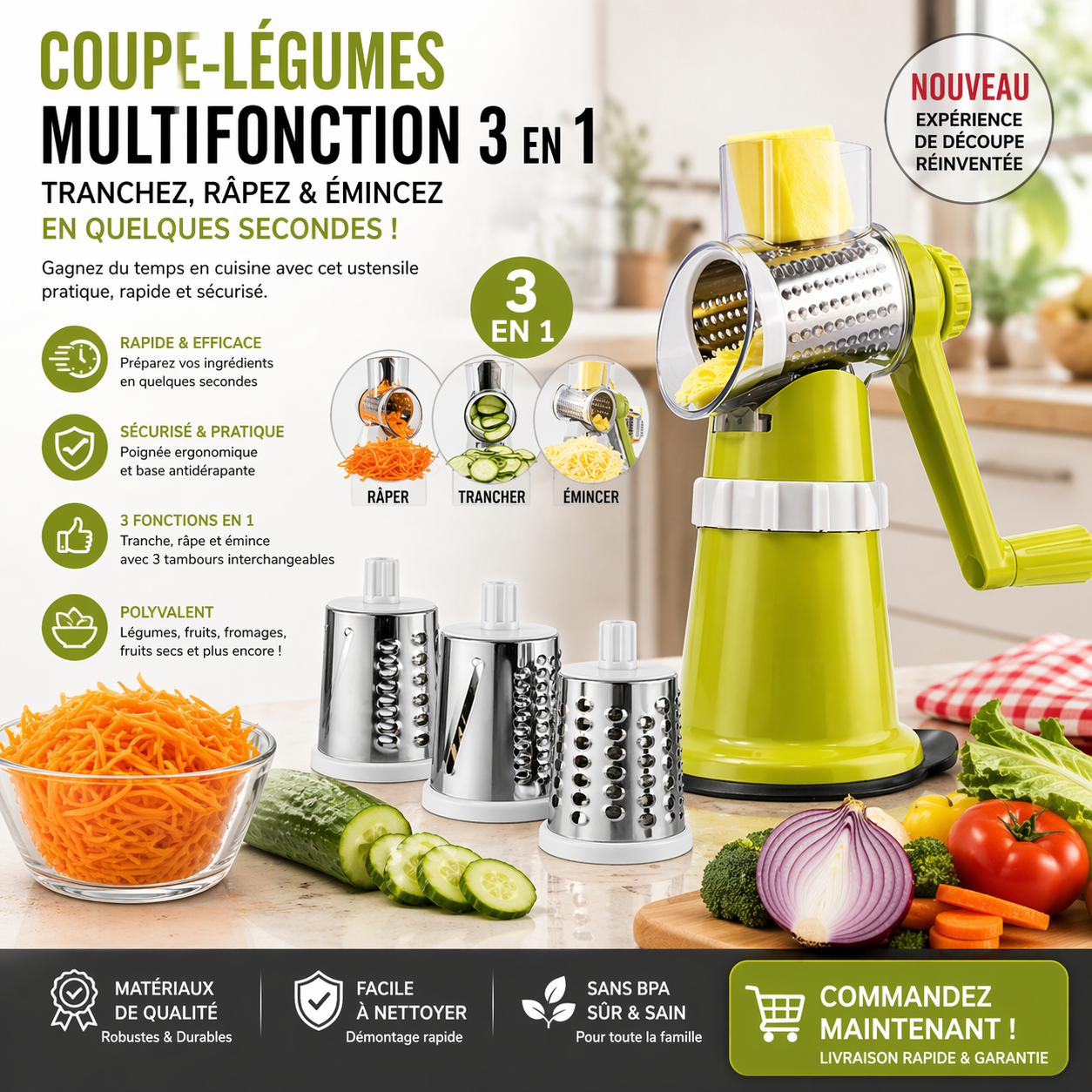 Hachoir Manuel Cuisine 3en1 - Coupe-Légumes Rapide