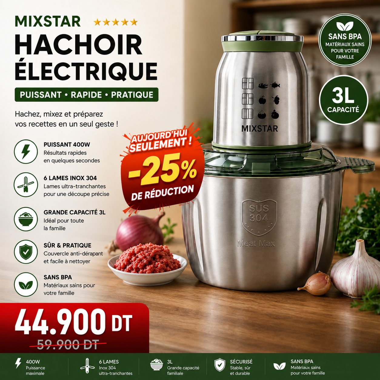 Hachoir Électrique MIXSTAR 3Litre – 400W