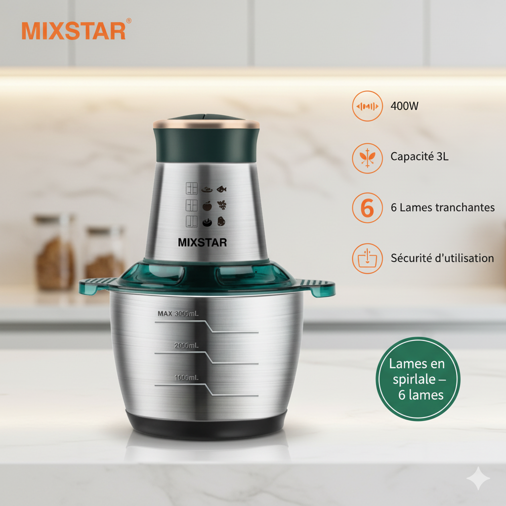 ⭐ MixStar Hachoir Électrique 3L – 400W • 6 Lames Spirales