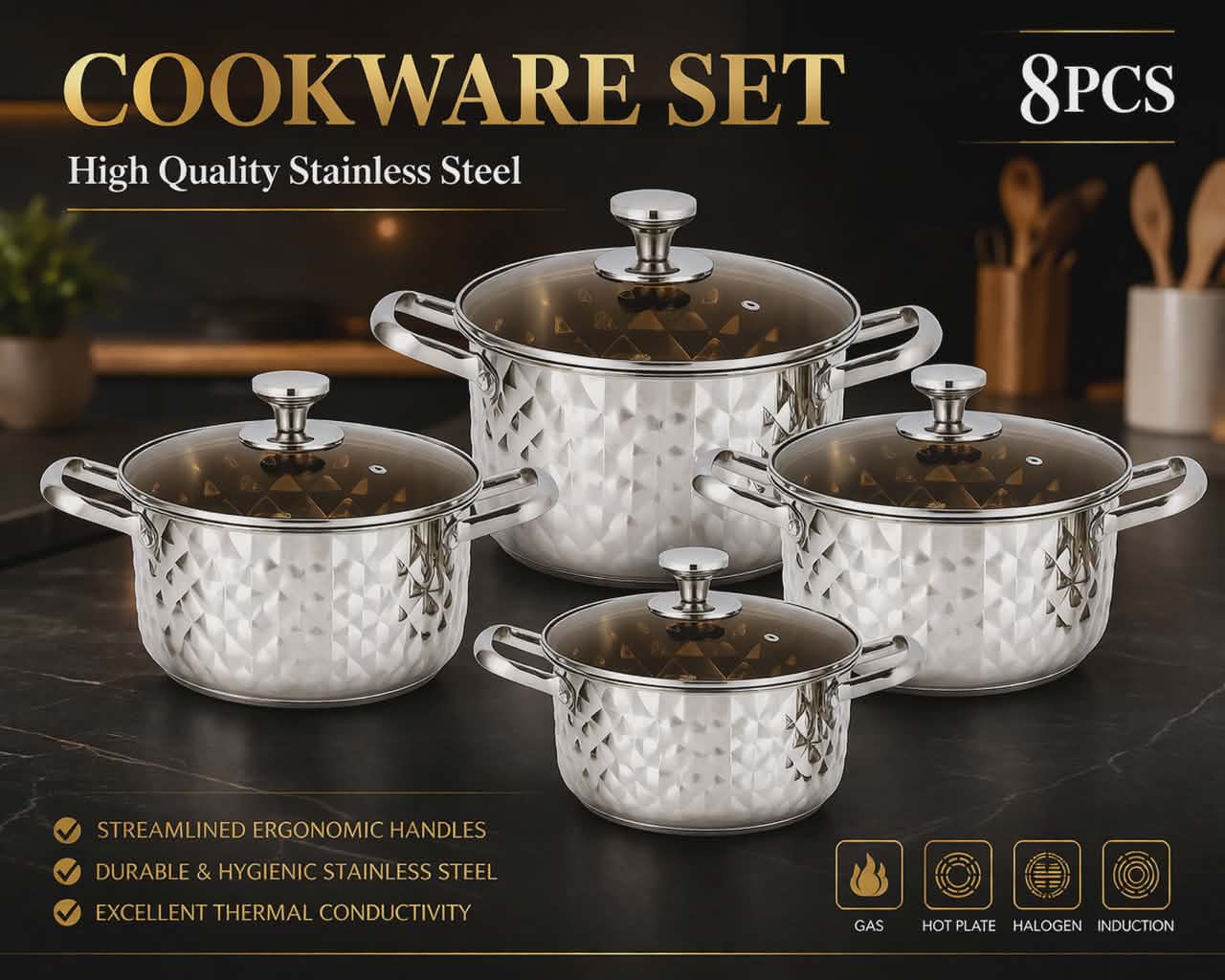 Set de casseroles inox 8 pièces – Design martelé