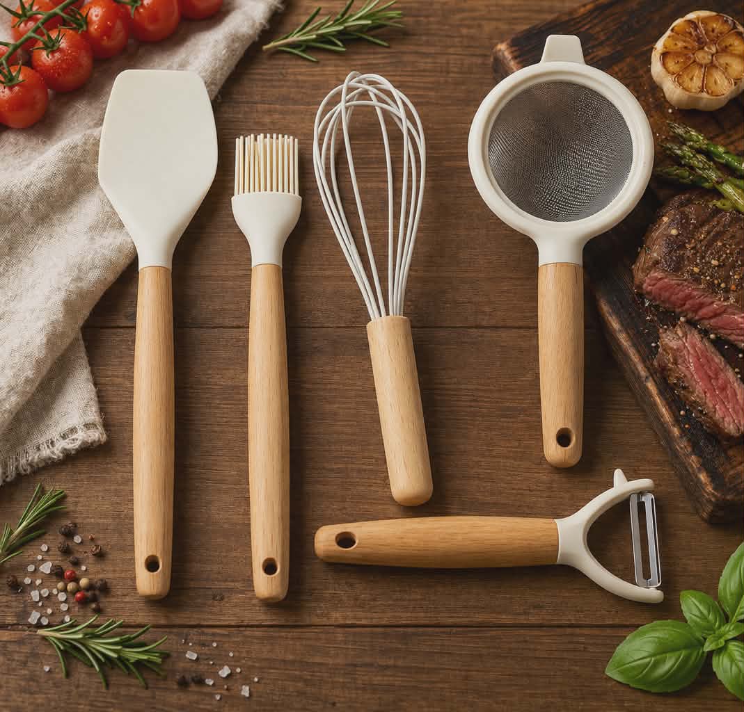 Set d’ustensiles de cuisine 5 pièces avec manche en bois