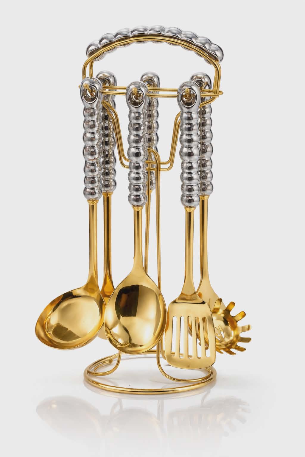 Set d’ustensiles Dore-Argent de cuisine 6 pièces avec support en acier inoxydable