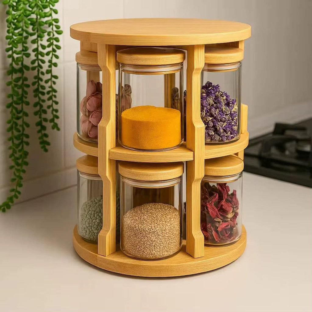 Carrousel à Épices en Bois – 10 Pots en Verre Rotatif 360°
