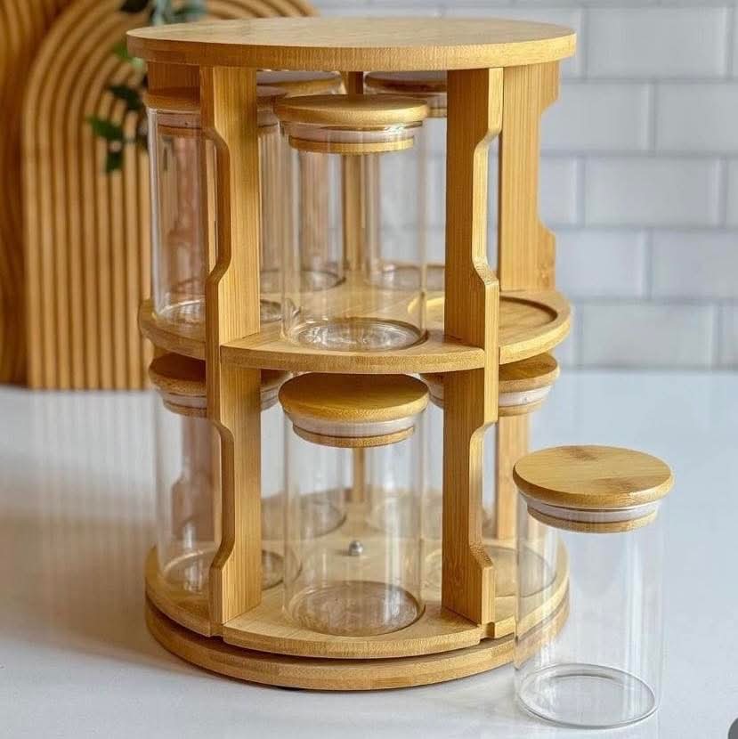 Carrousel à Épices en Bois – 10 Pots en Verre Rotatif 360°